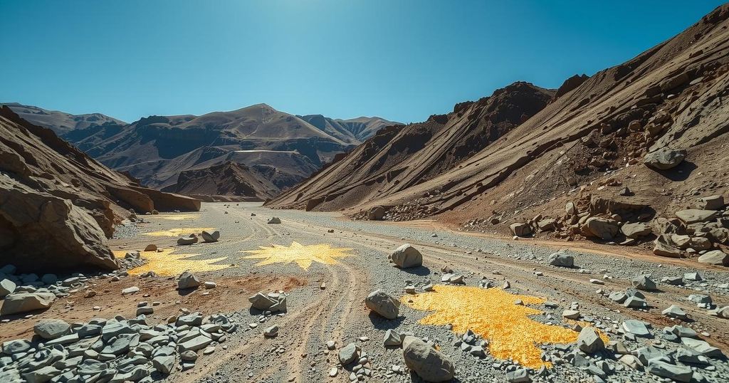 Desolate gold mine in Central African Republic under a bright blue sky, surrounded by barren land, spotlighting isolation.
