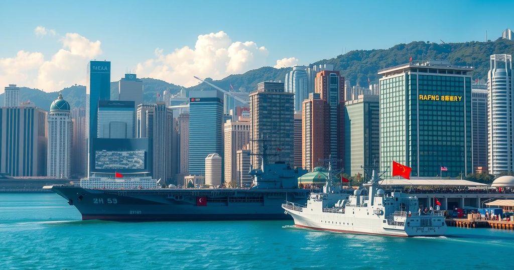 Chinese aircraft carrier and naval fleet docked in Hong Kong harbor during a visit.