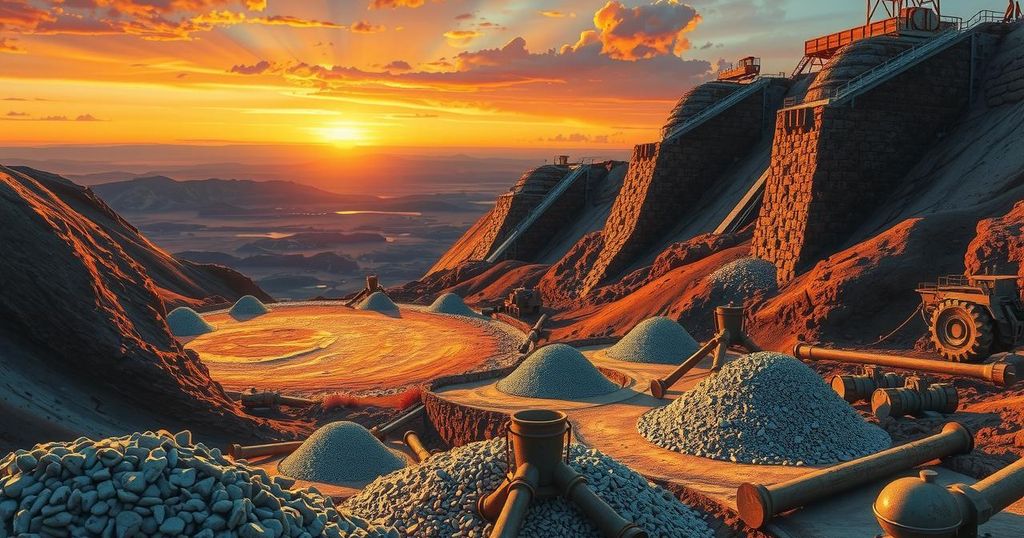 A conceptual representation of a gold mine with gravel and mining tools against a sunset background.