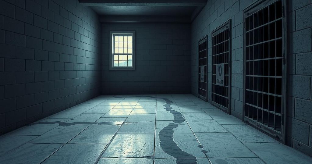 A dimly lit prison cell featuring a cold concrete floor and barred windows, painted in gray tones.