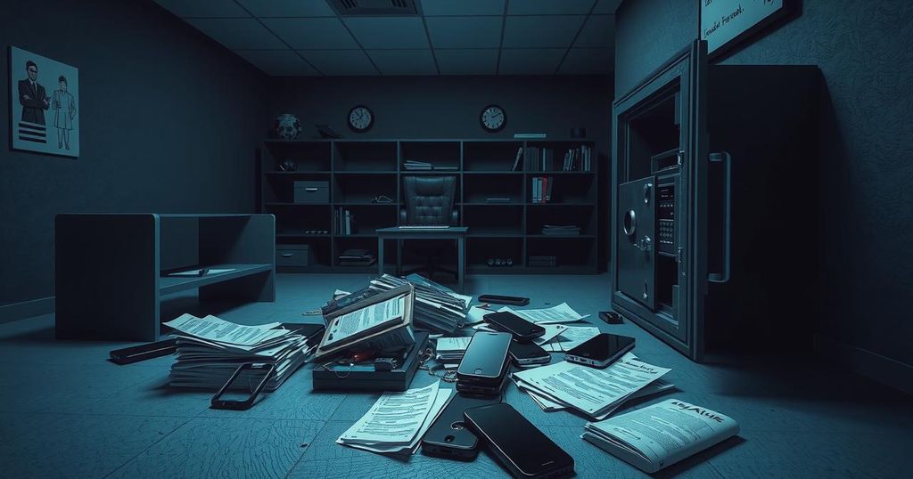 Dark shadows over an empty office space with scattered mobile phones and a broken safe, highlighting tension and theft.