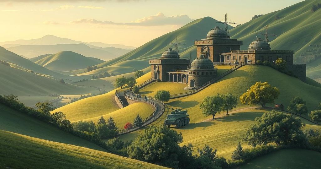 A serene landscape showcasing military bases with hills and trees, depicting calm amidst chaos.