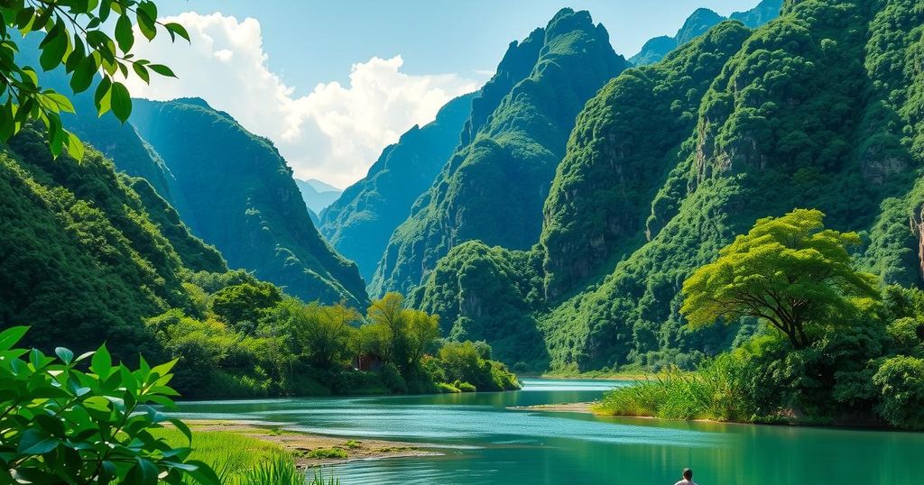A serene landscape of Laos featuring lush green mountains and a calm river, embodying peace and tranquility.