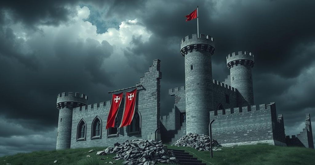 A somber landscape depicting a crumbling castle amidst fading flags, symbolizing lost alliances in a turbulent world.