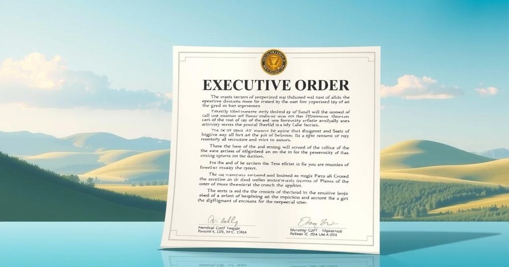 Executive order signed, symbolizing peace and stability in a serene setting with a balanced color scheme.