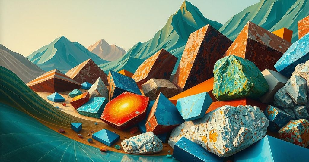 A landscape of rare earth minerals with abstract textures and earthy tones, symbolizing global trade dynamics.