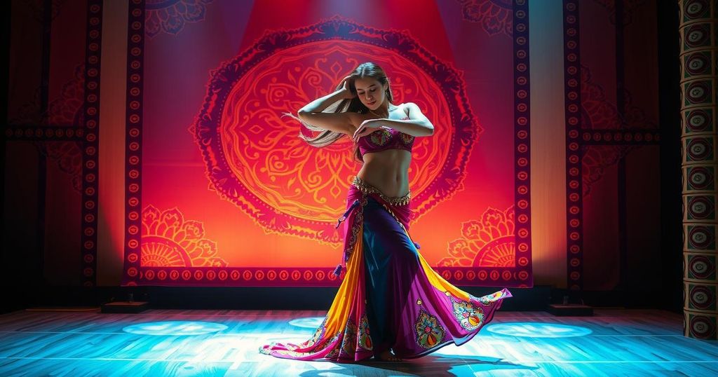 An elegant belly dancer in vibrant costumes performing a traditional dance on stage with ornate decorations in the background.