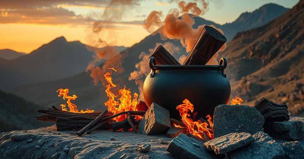 A cauldron with smoldering remains, symbolizing disarmament and peace efforts in a conflict-ridden region.