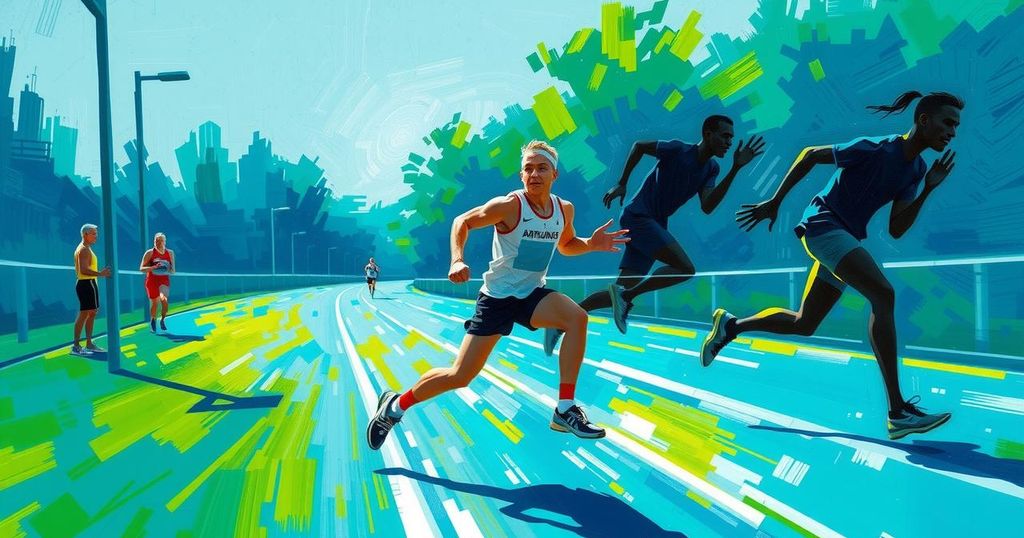 A runner breaks through a finish line in motion, representing speed and achievement in athletics.