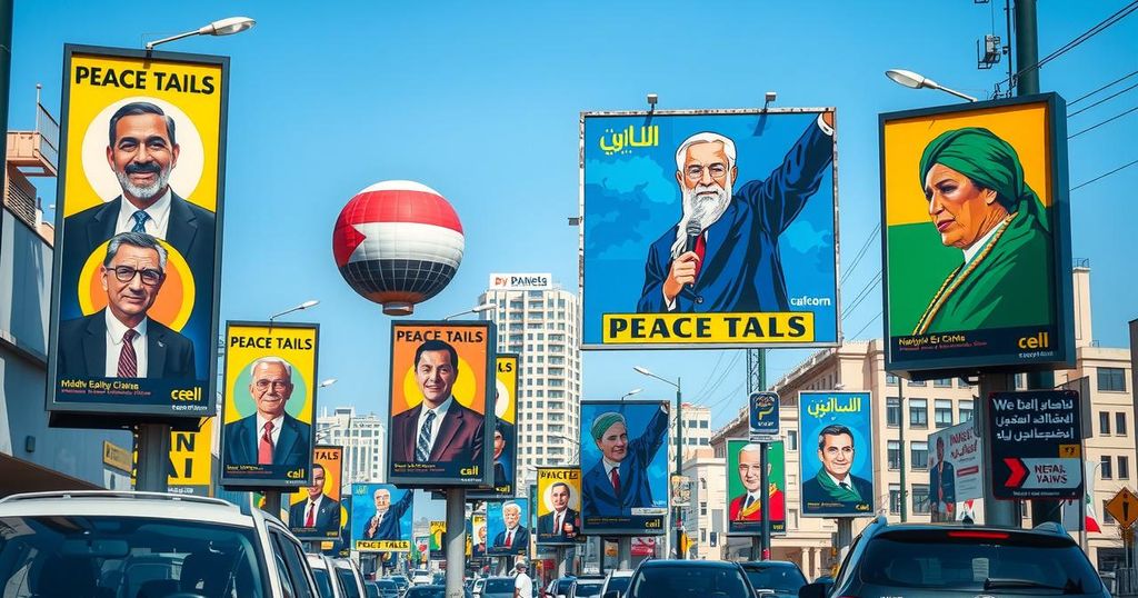 A striking display of billboards featuring Arab leaders and a prominent US figure promoting peace in the Middle East.