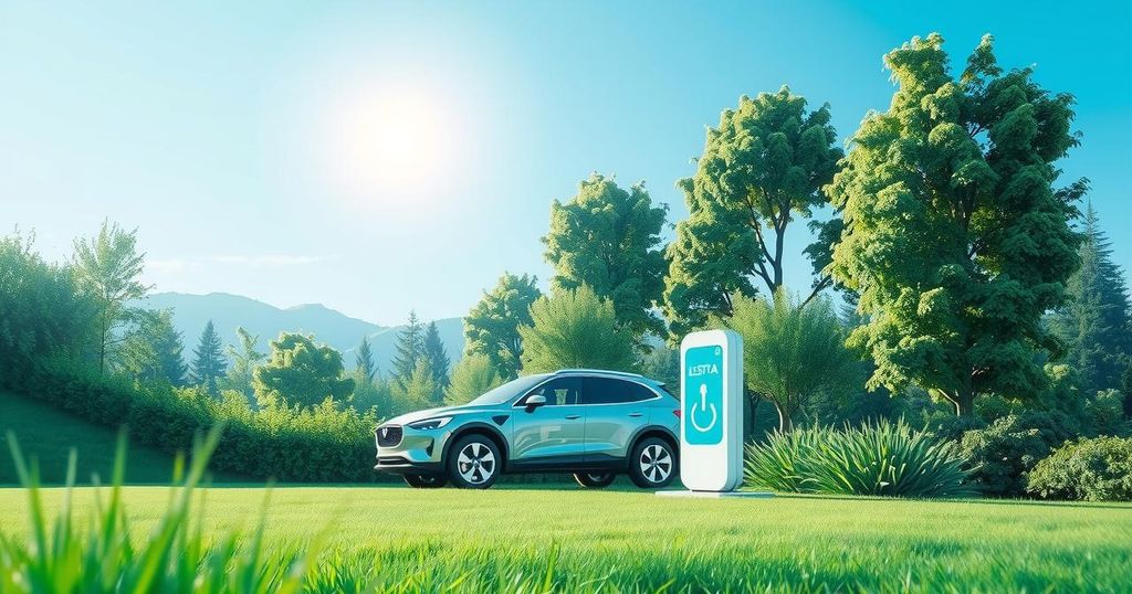 A vibrant electric vehicle charging station surrounded by greenery under a clear blue sky, showcasing sustainable transportation.