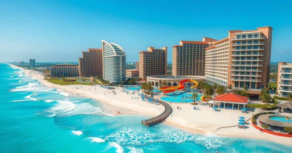 North Korean beach resort showcasing luxury hotels and waterparks amidst a scenic coastal landscape.