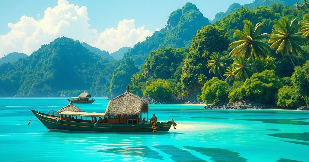 Colorful landscape of the Comoros islands with tropical vegetation and serene waters representing independence.