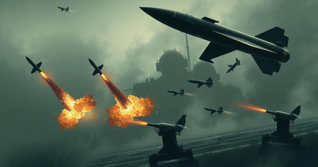 A dramatic representation of a military conflict, showcasing artillery, missiles, and silhouettes of weaponry.