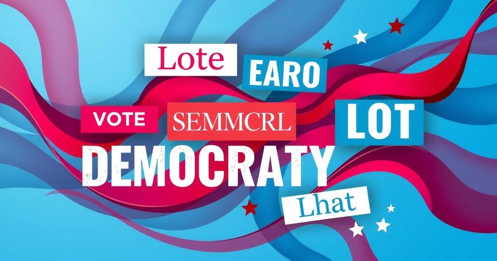 Colorful abstract design representing political slogans and campaign themes, featuring vibrant blue and red tones.