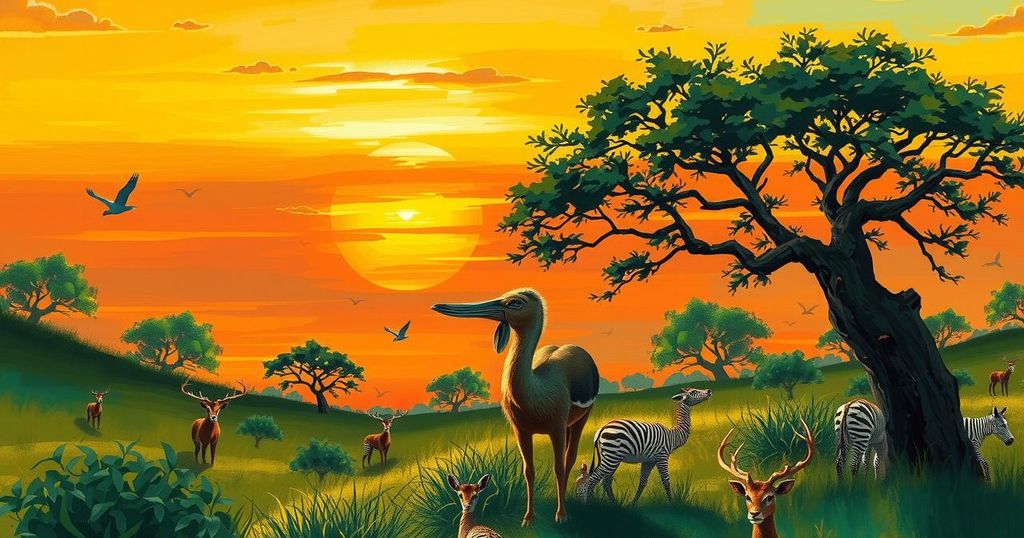 A lush landscape of Angola featuring African wildlife, warm colors of sunset, painted in an impressionist style.