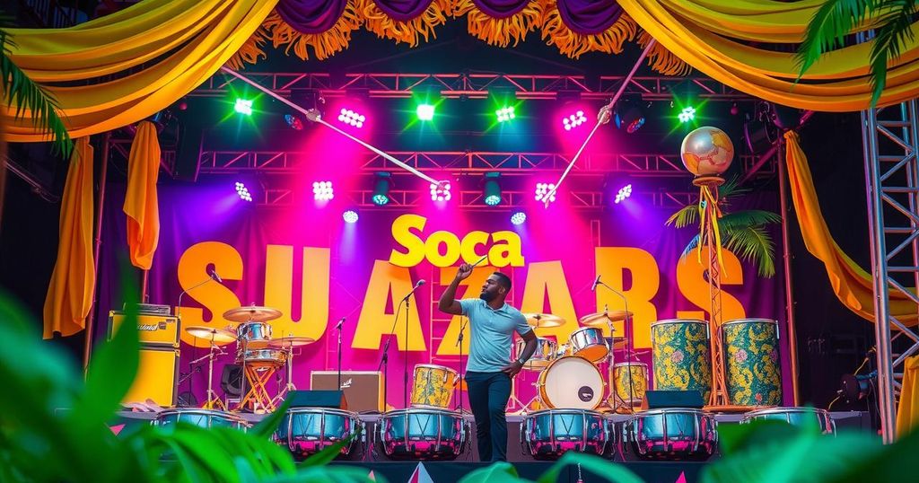 Vibrant carnival scene with colorful stage lights and musical instruments, capturing the essence of soca performances.