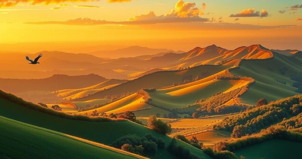 Venezuelan landscape with symbolic elements of freedom and return, in warm colors and inspired by realism.