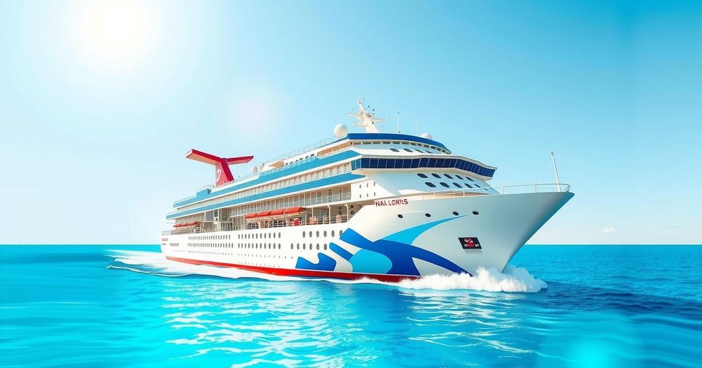 Colorful cruise ship sailing in clear blue ocean under a bright sunny sky.