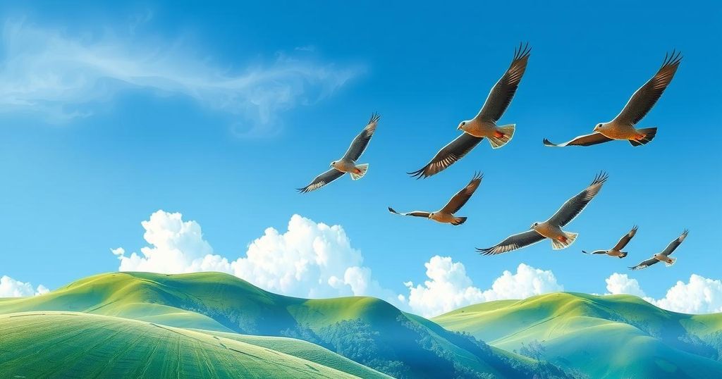 A bright sky with birds soaring above a lush landscape, emphasizing the beauty of wildlife conservation efforts.